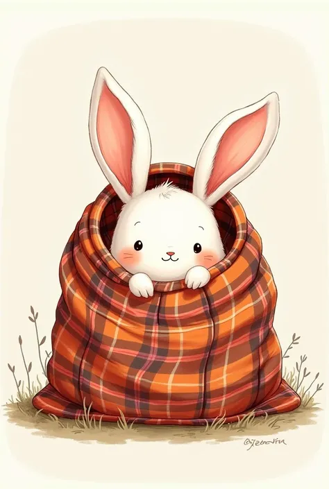 Cartoon hand drawn style，Bunny in a plaid quilt