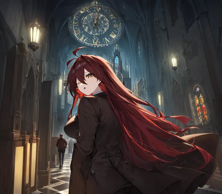 My eyes turn red 　Final Boss　Feelings of despair　 Dark Room　Stand Glass 　Eyes glow red　Brown Hair　 longhair 　 conceals one eye　 brown jacket　monster　church　Big old clock in the back　night　Eyes glow red　scared　Madness　strongest　 see here　