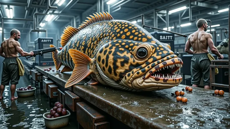 giant fish baring long teeth on conveyor belt