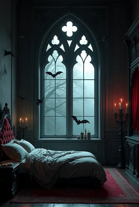 Create a Gothic bedroom wallpaper with Gothic decoration with bats and Gothic decoration and with a window overlooking the forest 