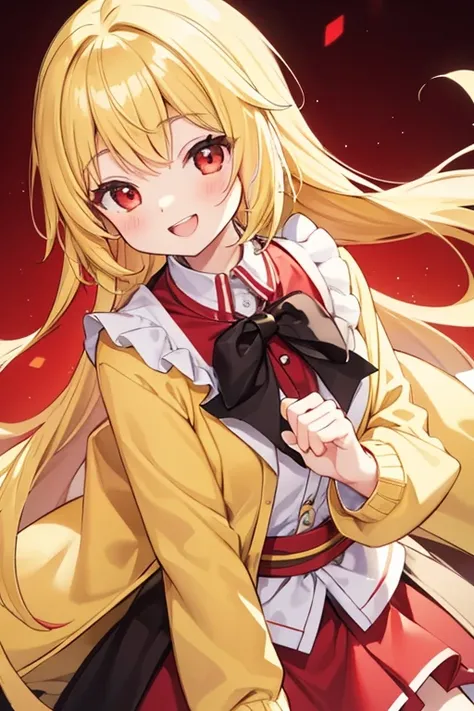  1 beautiful girl　Shows up to the waist　 short　Baby Face　 Golden Hair 　Blonde　 long hair 　 princess cut　 red eyes　Double teeth　A cheerful smile　black and red and yellow cardigan