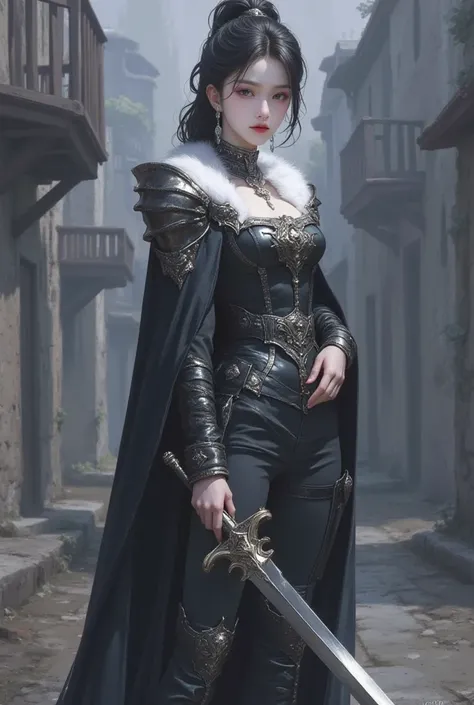 (top quality, 4K, masterpiece :1.3),  double eyelid, 1 cute young beautiful asian woman shemale, dark haired, pale skin, grey eyes, asian slanted eyes, long hairs, red lips, dressed, sword sheathed, earring, black leather vampire hunter outfit, black boots...