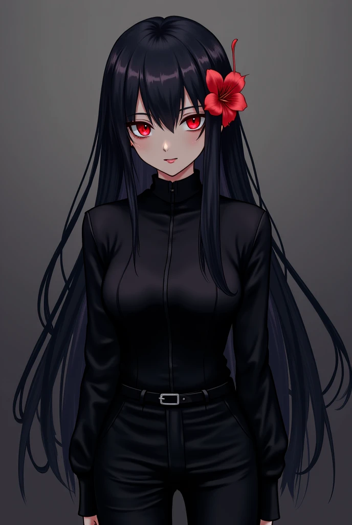 Character anime  woman wearing a black jacket, black pants, has a flower on her head, red eyes and black hair
