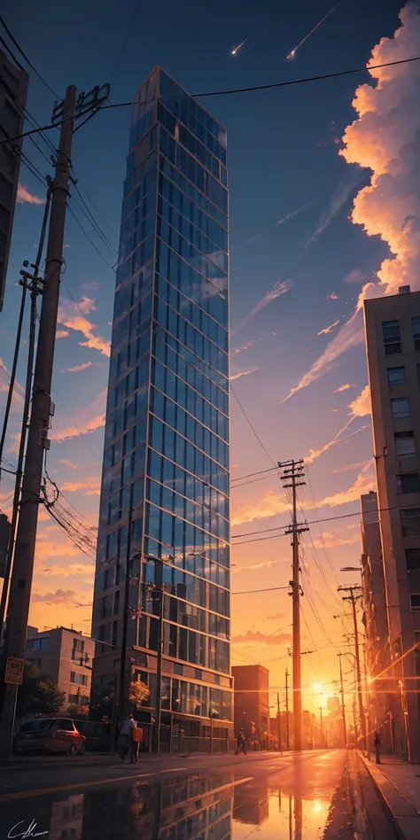 octans, no humans, scenery, cloud, sky, reflection, outdoors, sunset, signature, cloudy sky, sign, utility pole, building, power lines, road sign, blue sky, mirror, city, sun, cityscape, horizon, lens flare 