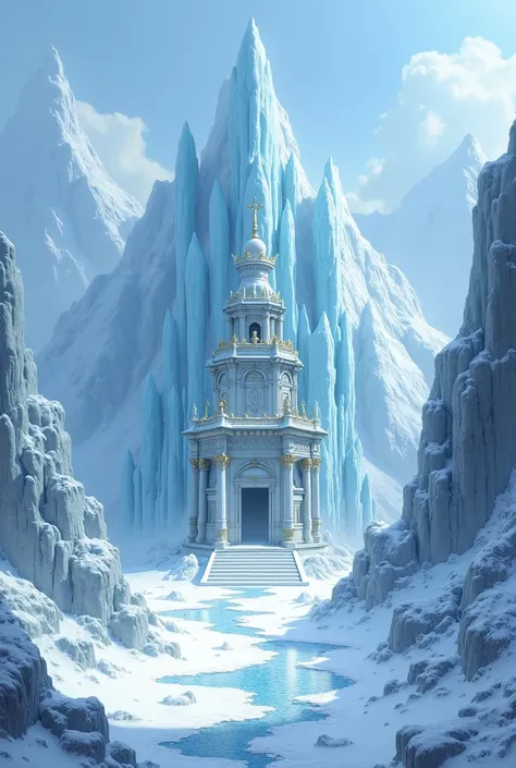 Create image with lot of ice mountain surrounded with old temple and add snow image ratio is 16:9