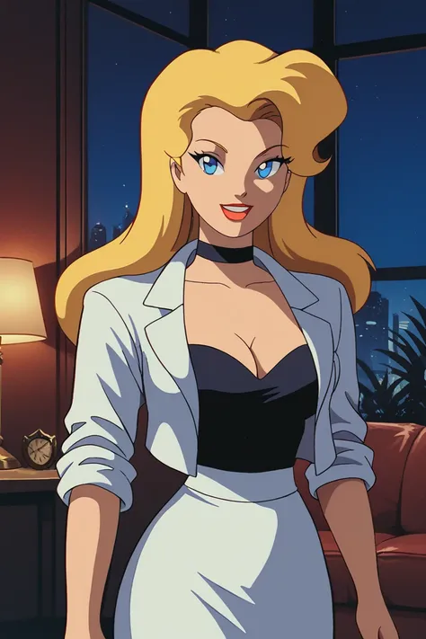 PonyXLV6_Scores BREAK (1980s (style), retro artstyle, perfect anatomy, perfect eyes, cowboy shot), BREAK aairina, irina jelavic, golden blonde hair, long hair, parted bangs, blue eyes, big large breasts, choker, cleavage, suit, black shirt, white jacket, s...