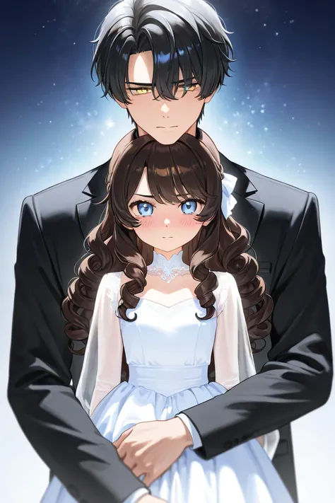 Tall young man with Black hair, light cold blue eyes, handsome, bad tempered but shy, wearing black clothes and a woman is shy with brown brown LONG curly hair and she has shiny golden eyes like stars in a magic land wearing a white delicate dress. 