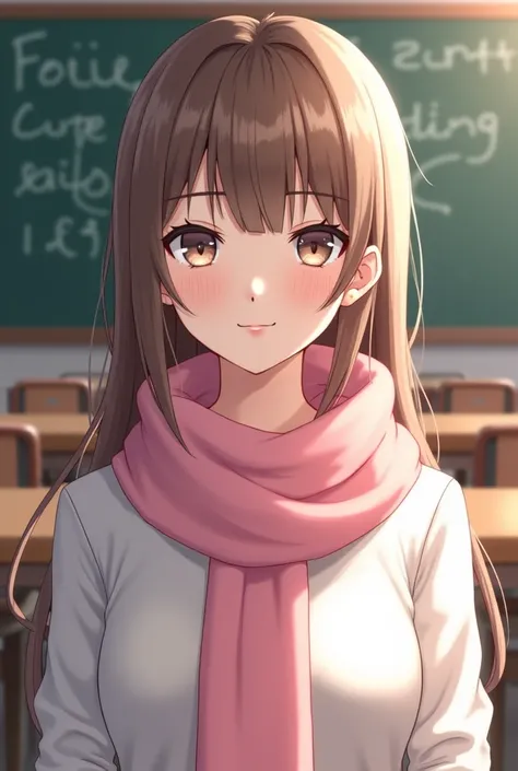 1 female student, light pink muffler ,  white shirt,  long straight hair,  light brown hair, classroom background,  Clear eyes like glass .