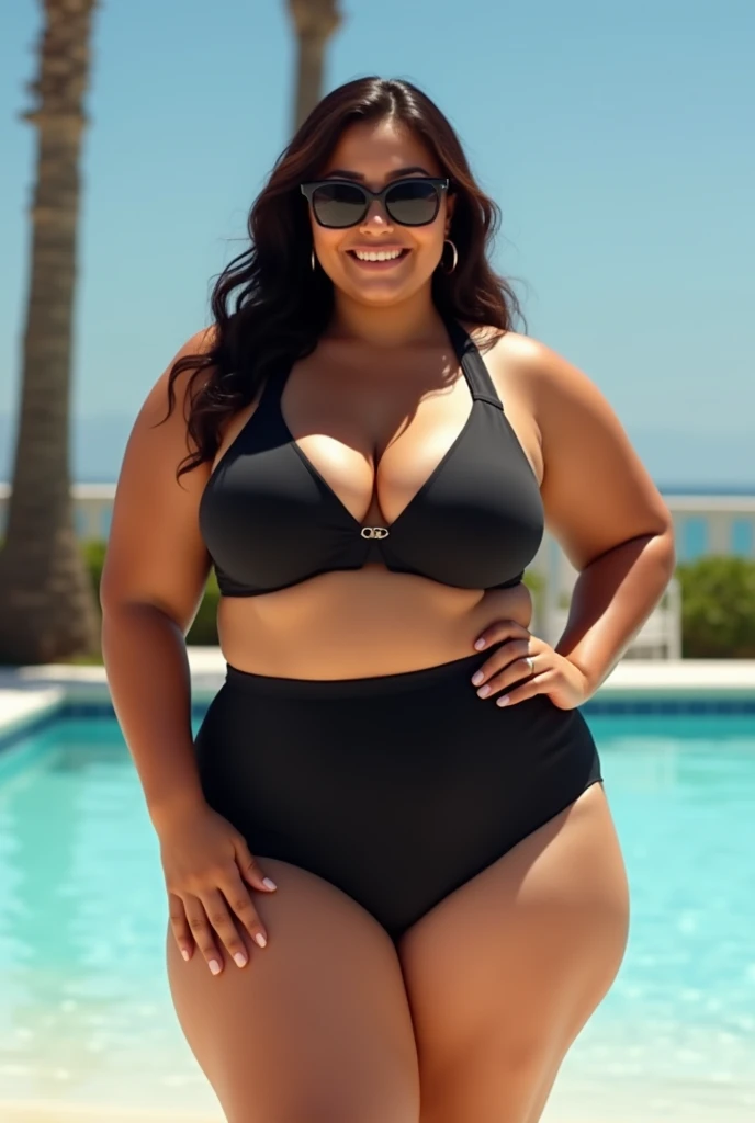 A thick girls wear two piece black bikini 