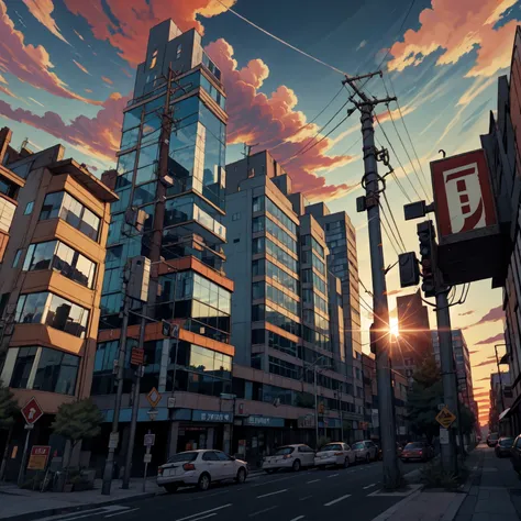 octans, no humans, scenery, cloud, sky, reflection, outdoors, sunset, signature, cloudy sky, sign, utility pole, building, power lines, road sign, blue sky, mirror, city, sun, cityscape, horizon, lens flare 