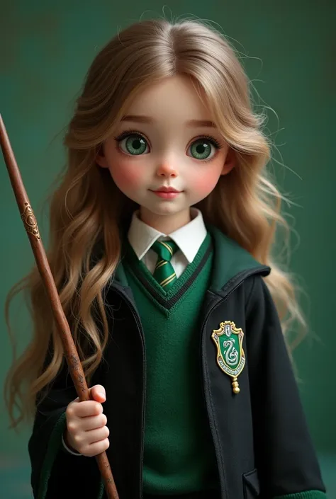 Create an image A cute teenager witch girl and she have long wavey light brown hair, light green eyes, white pale skin and beautiful doll cute face and she were Hogwarts Slytherin uniform and she hold a nagic wand in his hand. 