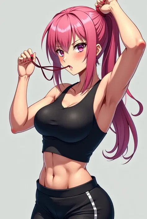 (photorealism:1.2), beautiful anime woman, narrowed eyes, slightly muscular, hair tie in her mouth, tying her hair up, pink hair, wearing black tank top and sweat pants