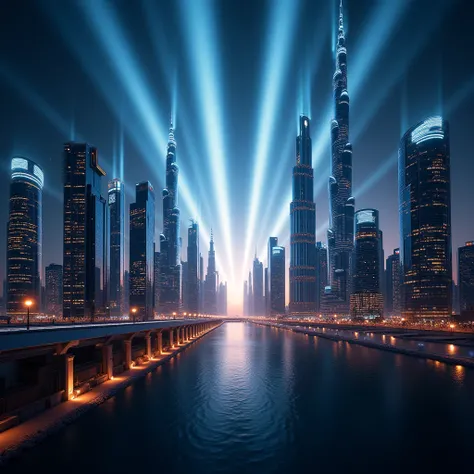 An intense closing shot showing Dubai and Saudi Arabia’s skylines side by side, with a glowing light beam shooting upward from each city, symbolizing their race toward the future.