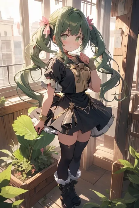 (masterpiece), (best quality), detailed,
1 girl, soro, twintails, long wavy hair twintails.hairs between eyes,dark green eyes ,dark green hair, (magical girl:1.2),
bow, dress, (pink:0.6), over legwear, boots, too many frills, too many bow, standing,striped...