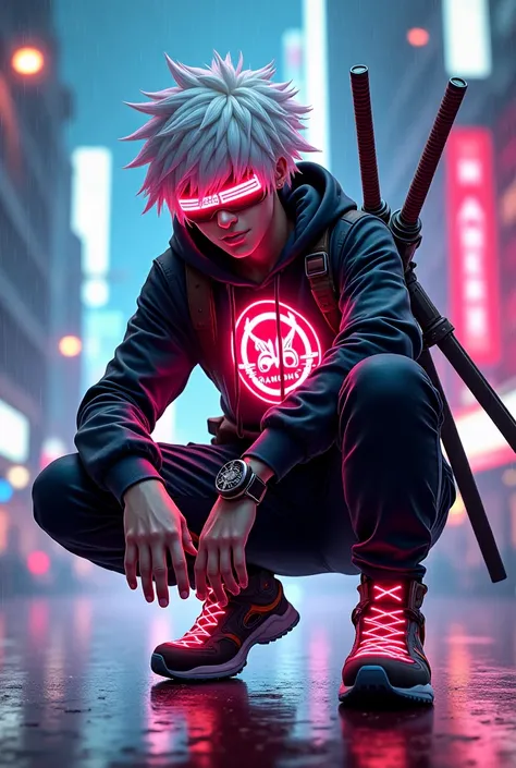 3RD PROMPT :- "A futuristic anime-style character with white spiky hair, wearing a glowing blindfold and holding a flaming katana. He is crouched in a rainy, neon-lit urban environment. His hoodie features a large, glowing RAMESH symbol on the chest. Dual ...