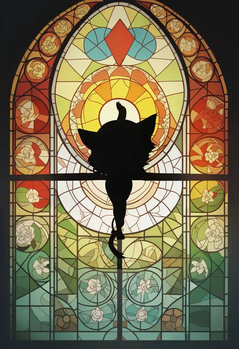 The silhouette of a black cat stands out 、 the whole image 。 The stained glass design is elaborate, 、 floral and geometric patterns spread radially, 、red、 orange 、yellow、green、 features vivid and rich colors such as green 。 the large and ornate stained gla...