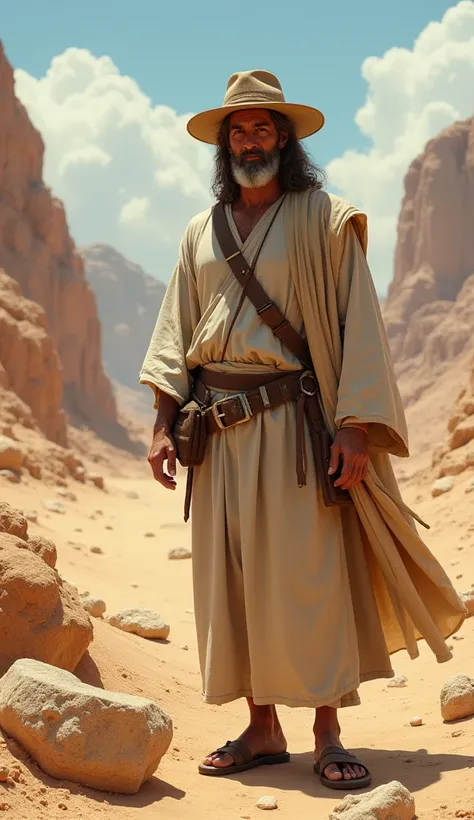 Jesus dressed as an archaeologist. at an archaeological site in the desert.