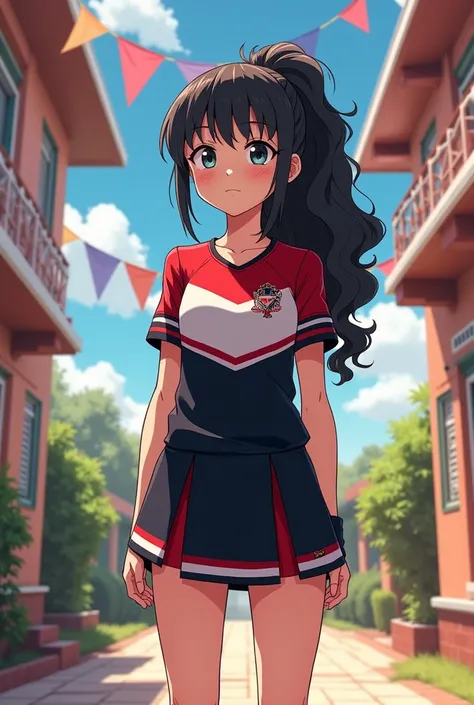 Male boy trans with long curly black hair with a ponytail wearing a cheerleaders uniform with a black and red skirt and shirt while in an anime-type house abd flags trans