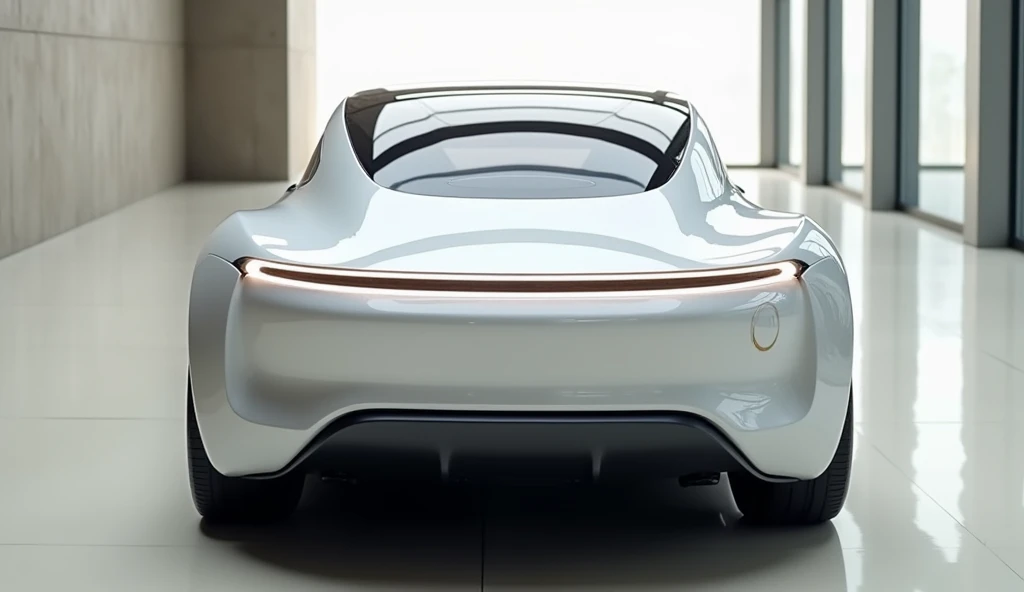 A photo of a straight back view of a polished white futuristic 2025 mercidez bens parked inside a luxury big hall. The lighting in the luxury big hall is bright, casting reflections on the shiny surface of the car. The background contains a wall with a lar...