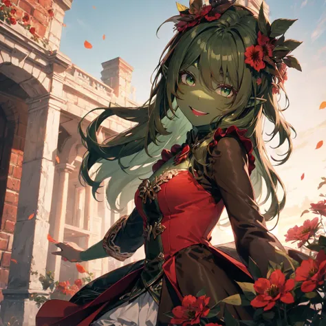 1 adult, 3 fingers, (brown-green skin: 2), pointy ears, large red flower hair ornament, dark green hair, dark green eyes, detailed arms, detailed hands, woman with arms behind head, woman with slanted eyes, eyes looking up, black and red outfit, see-throug...