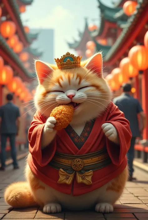      fat cat is eating fried chicken
，  Festivals  ，  Fat cats fry fried chicken at food stalls， The fat cat is dressed as a shrine maiden ，Realistic cat picture 