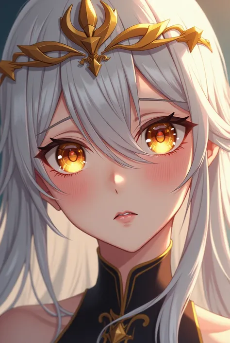 My character is from the anime Demon Slayer, she is a woman with long white hair with golden tips, light gold eyes, she has a tiara and she is crying