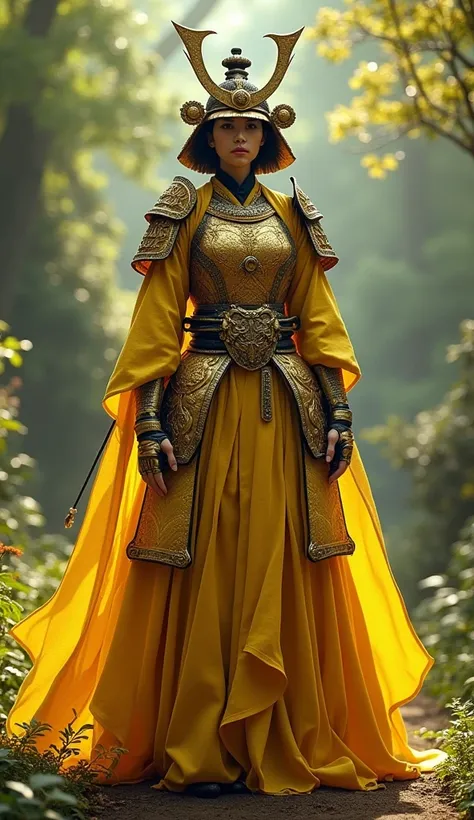 A humanoid samurai queen  bee dressed in gold-colored hakama with a full body 