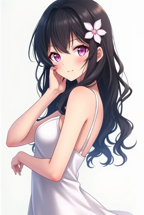  poses in her underwear ,  of super dark black hair with a lot of volume , and pink pastel eyes , The dress is a pure white dress with straps,  in her hair a small flower , style/version anime