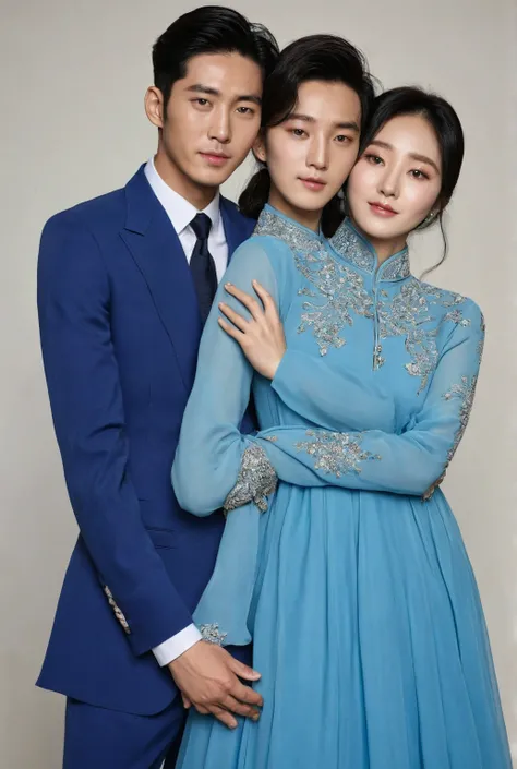 A Korean muslim woman wears a long flowing blue dress,  stands next to a handsome Korean man wearing a blue suit, Hugging each other 