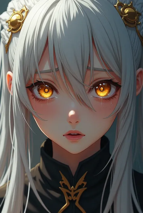 My character from the anime Demon Slayer is a woman with white hair with golden tips and golden eyes she is a princess and she is crying with tears in her eyes 