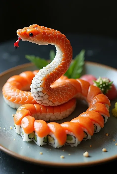 unique sushi in snake shape contains various type of sushi 