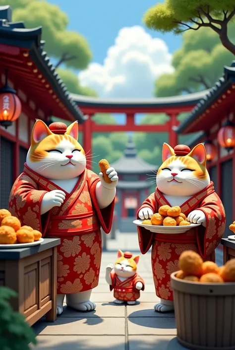       Fat cats eat fried chicken 
，   Japanese Shrine ，   Fat cats cook fried chicken at food stalls，  Fat cats wearing Japanese kimonos  ，Realistic cat pictures  