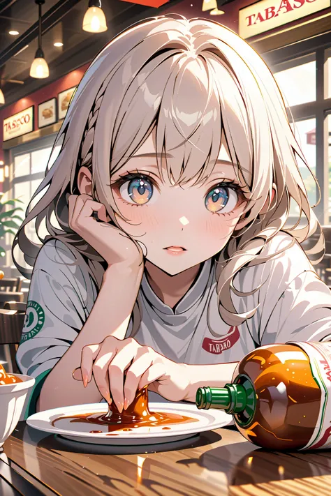 girl fainting in agony from tabasco, family restaurant, seated at table, shiny skin, big eyes, beautiful fingers, (masterpiece, ultra detailed, top quality), anime.