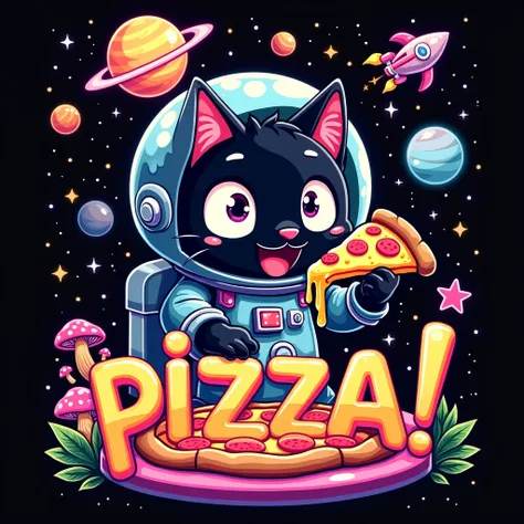 black background,realistic,playful,clean,vibrant watercolors cartoon style t-shirt design featuring a whimsical scene of a cute black astronaut cat eating pizza in space.The cat wear a detailed astronaut helmet, holding slices of pizza with dripping cheese...