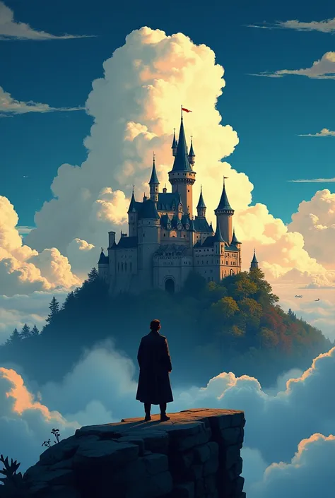 create a graphic poster of joe hisaishi with his creator behind including robot in castle in the sky Howls moving castle and much more. The design principle can be using balance, poster must include gradient and user blending modes to create a dynamic post...