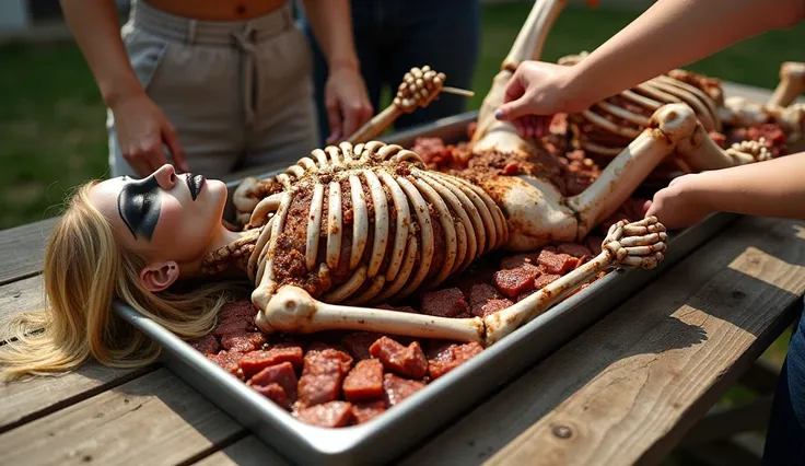 an attractive female with long blonde hair wearing zebra makeup head attached to a scorched, skeleton torso, flat on her back facing left with eyes closed on a serving tray on the picnic table. The skeleton is holding layers of cooked slices on the torso b...