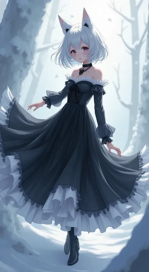  full body， animation，Beautiful girl with short wavy hair ，blue eyes， wearing a gothic black and white dress，in church，Fresh like snow ， snow-white hair and snow-white cat ears ， blowable skin 