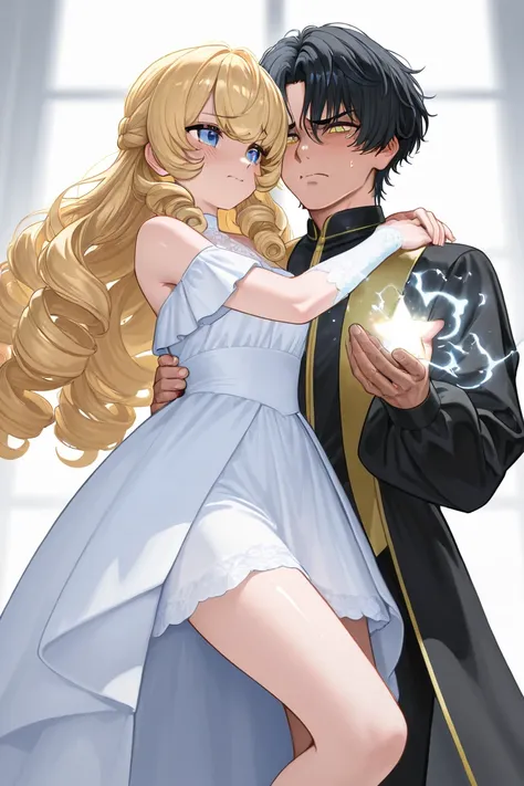 Tall 23 year-old boy with Black hair, light cold blue eyes, bad tempered but nervous, wearing black clothes and a 21 year-old girl with blonde LONG curly hair and she has shiny golden eyes like stars in a magic land wearing a white delicate dress. 