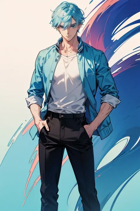 anime boy, ombre hair,  blue eyes, cool, tall, handsome, casual style, mature, standing pose, make good quality pictures, make it real and smooth