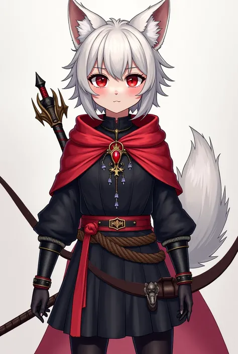 A young wolf girl with red eyes ling hair and white tail and ear hair. She wears an elegant adventurer outfit in black and red, with her right hand holding a sword and her left hand holding a bow. Her expression is calm, cool, and collected."