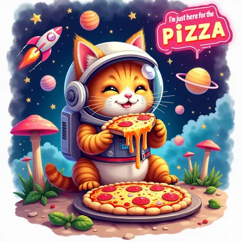 black background,realistic,playful,clean,vibrant watercolors cartoon style t-shirt design featuring a whimsical scene of a cute astronaut cat eating pizza in space.The cat wear a detailed astronaut helmet, holding slices of pizza with dripping cheese, and ...