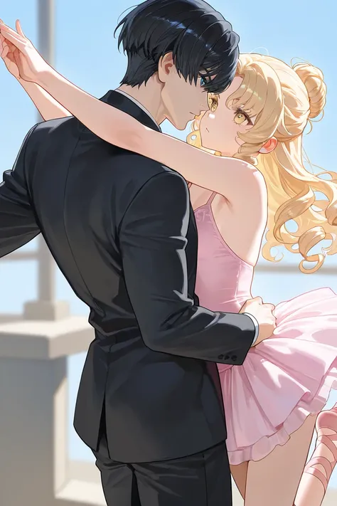 A tall man that is 23 years old. He has black hair and sky blue cold eyes. Hes serious and tall. He is wearing normal black clothes with a woman by his side that is a ballerina. She has long curly blonde haired with shinny golden eyes holding pastel pink b...