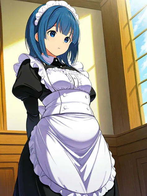 1girl,solo,short girl,too small girl,small breasts,pretty girl,medium hair,skyblue hair,straight hair,blue eyes,maid, maid apron, maid headdress, puffy sleeves,long skirt,(((voluptuous))),(small hips)