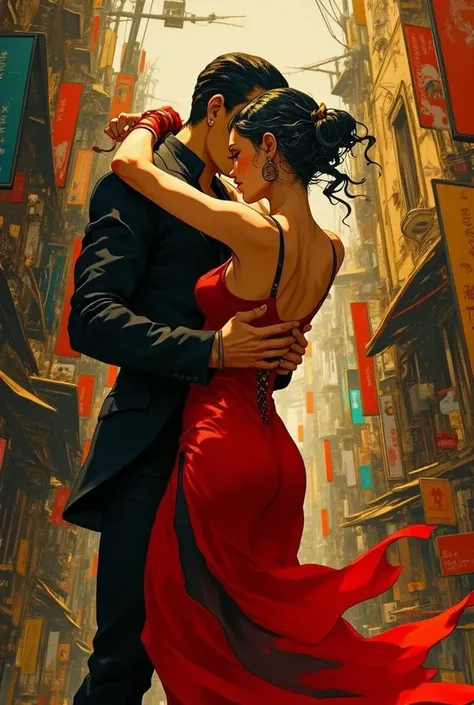 （masterpiece、 top quality :1.2),tango dancing couple,Latin, beautiful muscles holding a woman,Focus on a womans back,beautiful pose,Tension and mood 、