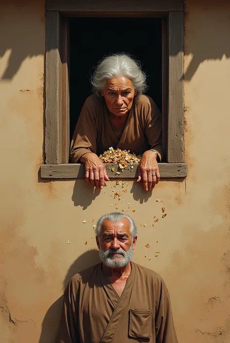 An old woman standing at the window of a clay-built house, throwing garbage onto a peaceful man below in traditional attire 