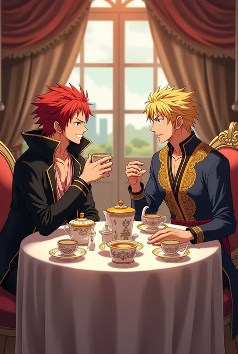 Draw anime characters Shanks and Prince Loki from One Piece sitting together at a beautifully set table, drinking tea. Shanks, with his iconic red hair, black cape, and casual pirate attire, looks relaxed and confident. Prince Loki, dressed in elegant prin...