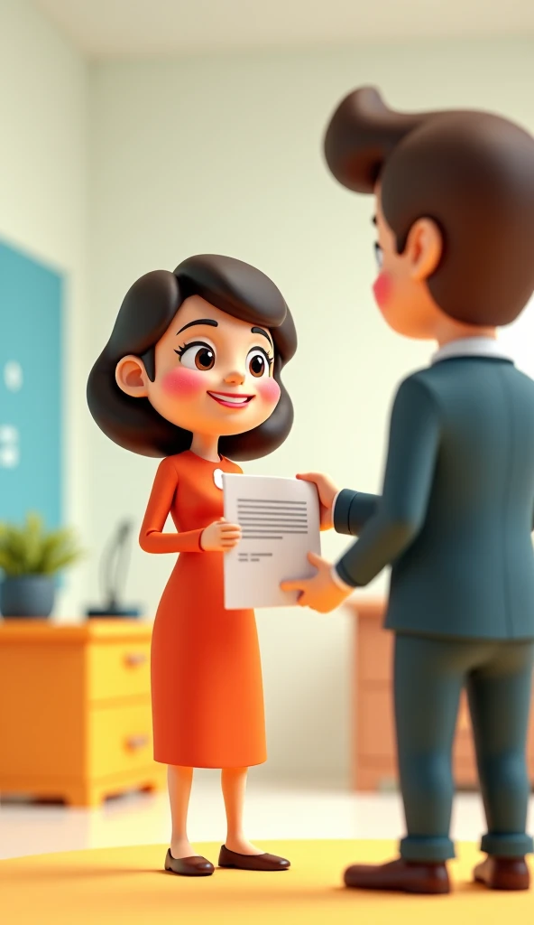 3d pixer cartoon Pakistan:A person handing a resignation letter to their boss with a smile, radiating determination.