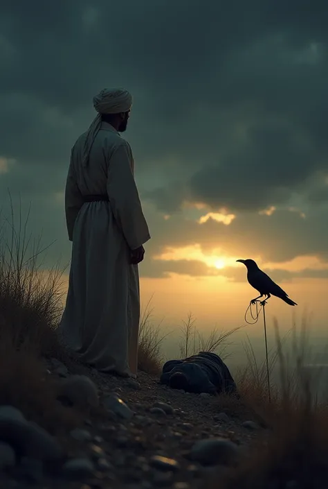 "An evocative scene of the Quranic story of Qabil and Habil (Cain and Abel), as described in Surah Al-Maidah (5:31), with Qabil standing over his brother’s lifeless body, filled with remorse and confusion. The sky above is dark, and a crow appears in the d...