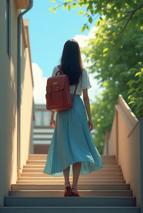 ( Going up the stairs :1.2、carry a backpack、Get your butt out)、((white blouse、(Wearing a long light blue skirt :1.3))、( back view、View from below)、( realistic 、Like a photograph、 Live Action 、8K,  realistic ,  RAW photos ,  best image quality: 1.4),  Singl...