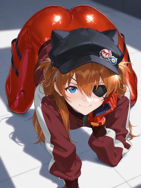  top quality , masterpiece,         ,          1 girl,   ,         viewers,  ,      smile,,        Neon Genesis Evangelion 、       Shikinami Asuka Langley、      red jacket , Red plug suit under jacket, Cat hat,        eye patch, Protruding ass、Protruding t...